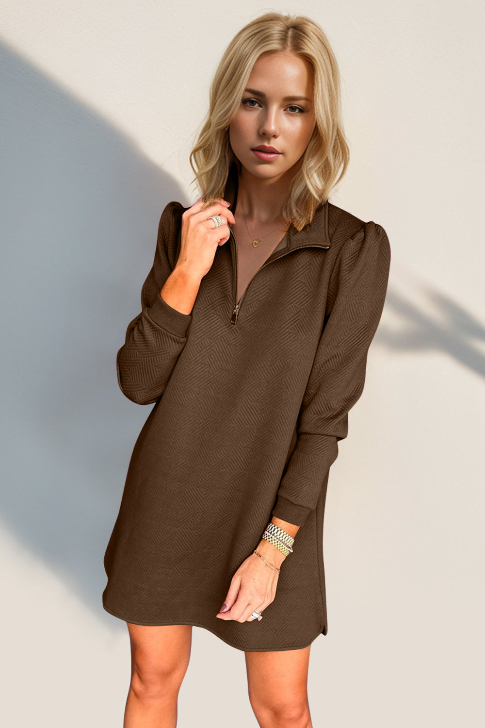 Double Take Textured Quarter Zip Long Sleeve Dress