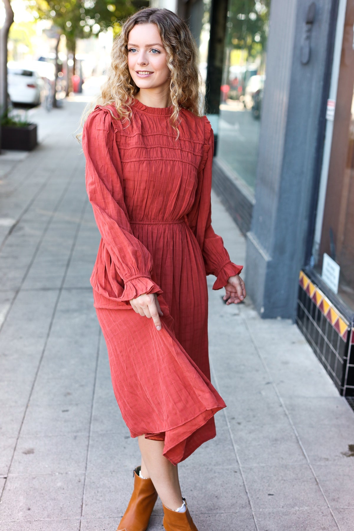 Love Found Rust Mock Neck Embossed Lined Dress