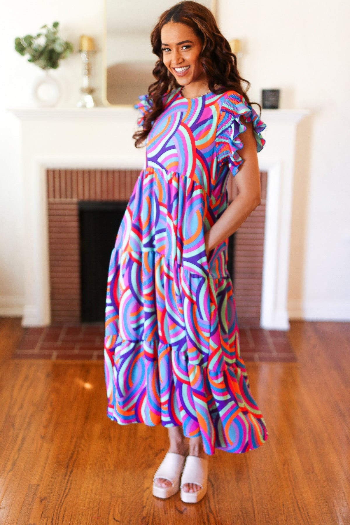 Feel Your Best Purple Abstract Print Smocked Ruffle Sleeve Maxi Dress