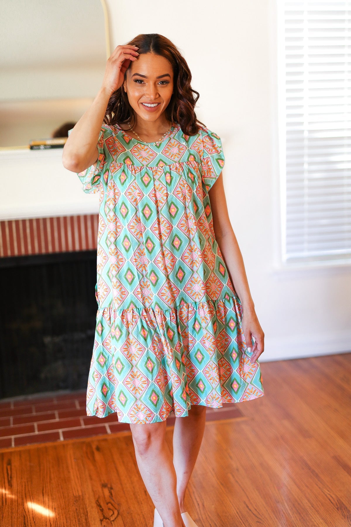 Mint Geo Boho Print Yoke Poplin Woven Dress