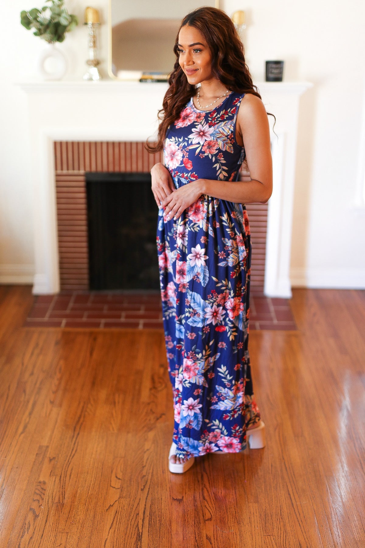 Navy Floral Fit and Flare Sleeveless Maxi Dress