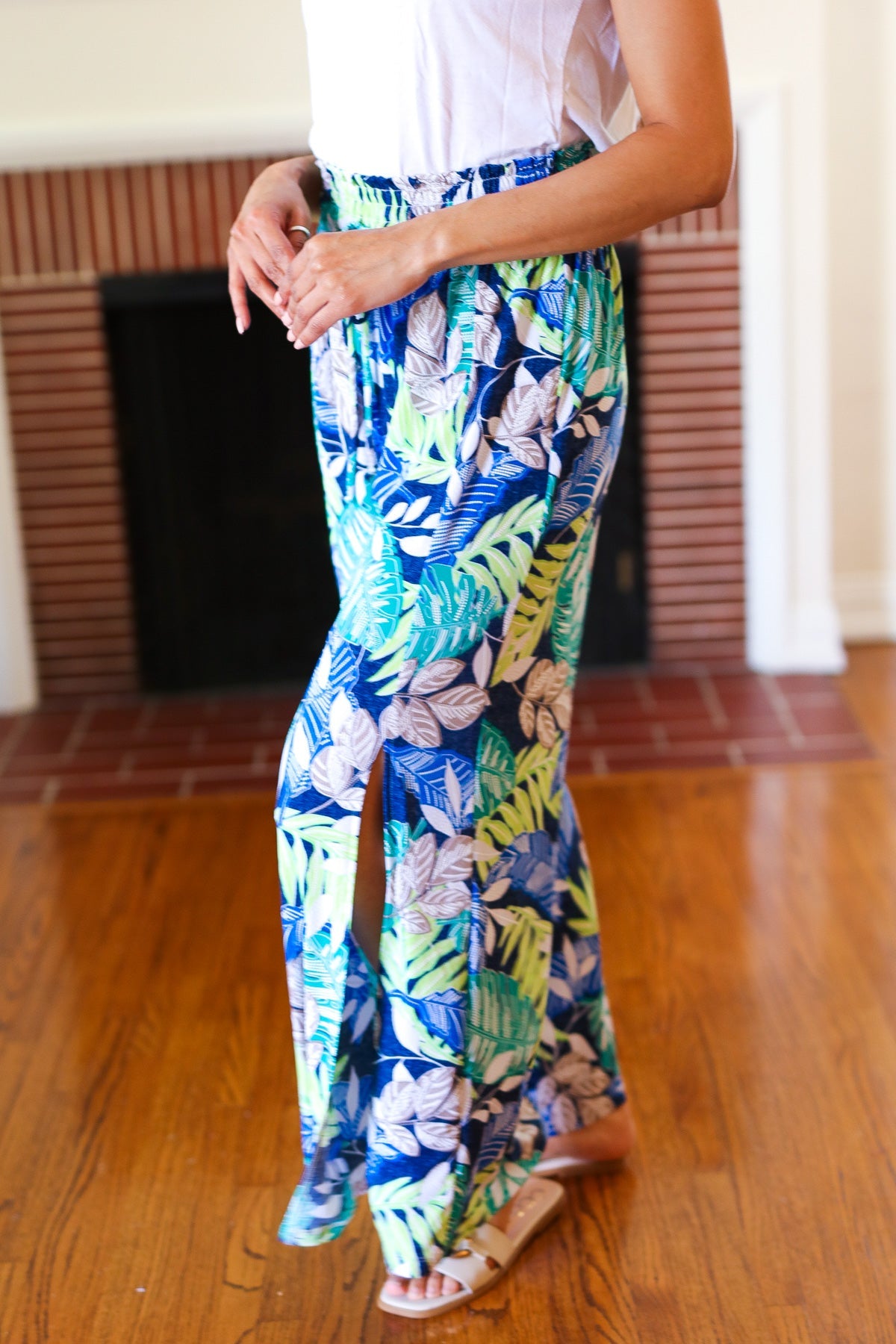 Tropical Boho Smocked Waist Side Slit Palazzo Pants