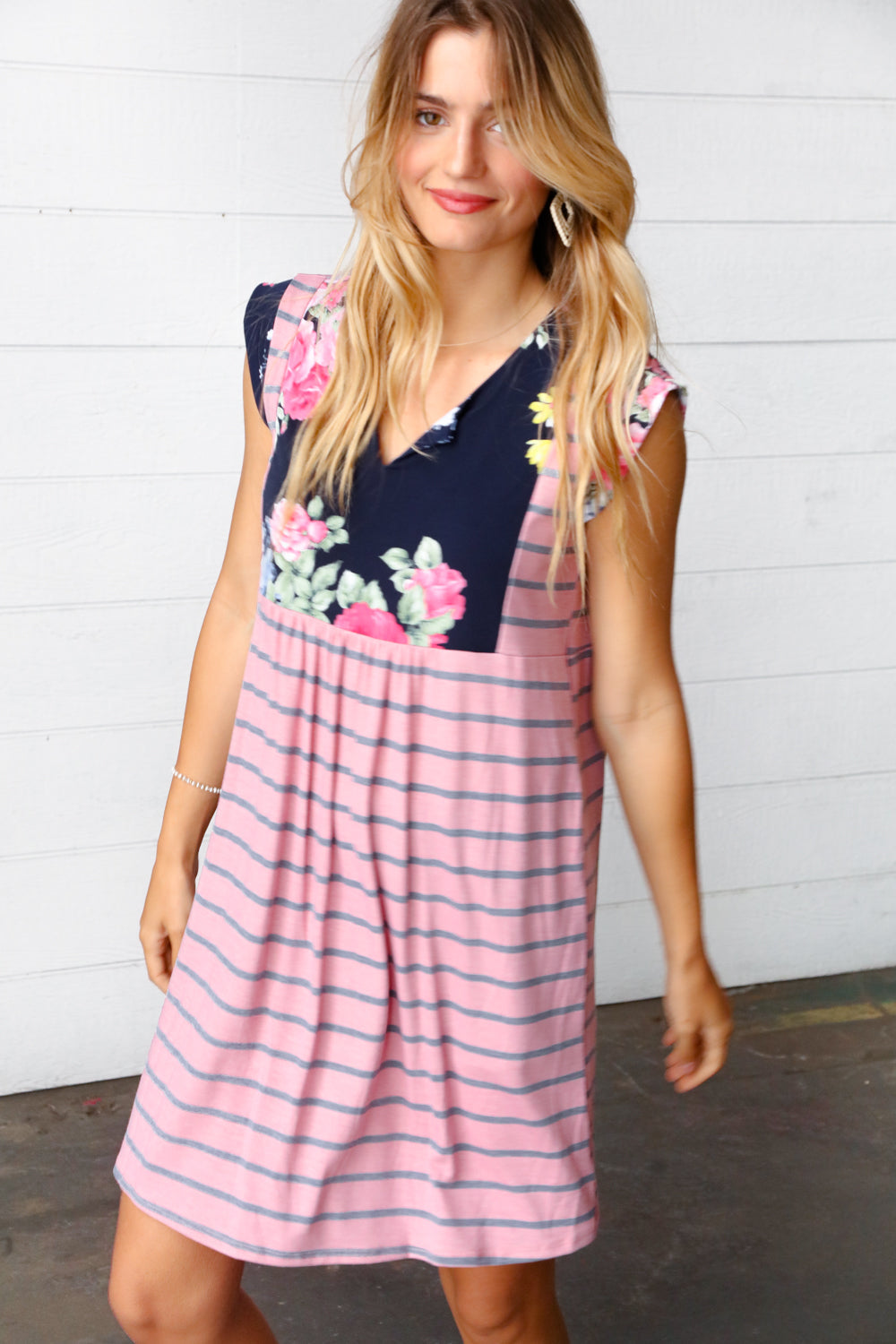 Pink Floral & Striped Yoke Babydoll Dress