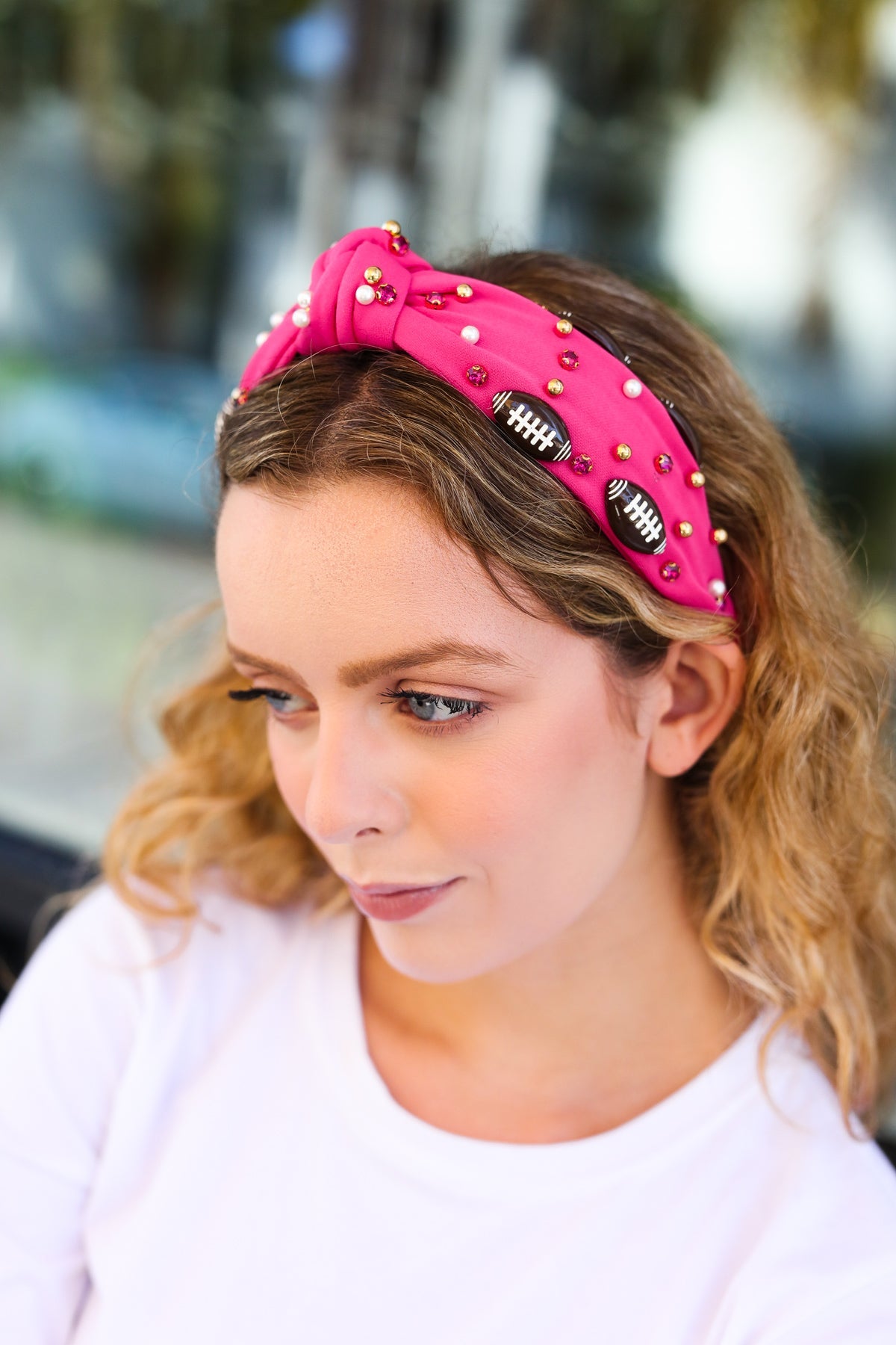 Fuchsia Stone & Gem Football Embellished Top Knot Headband