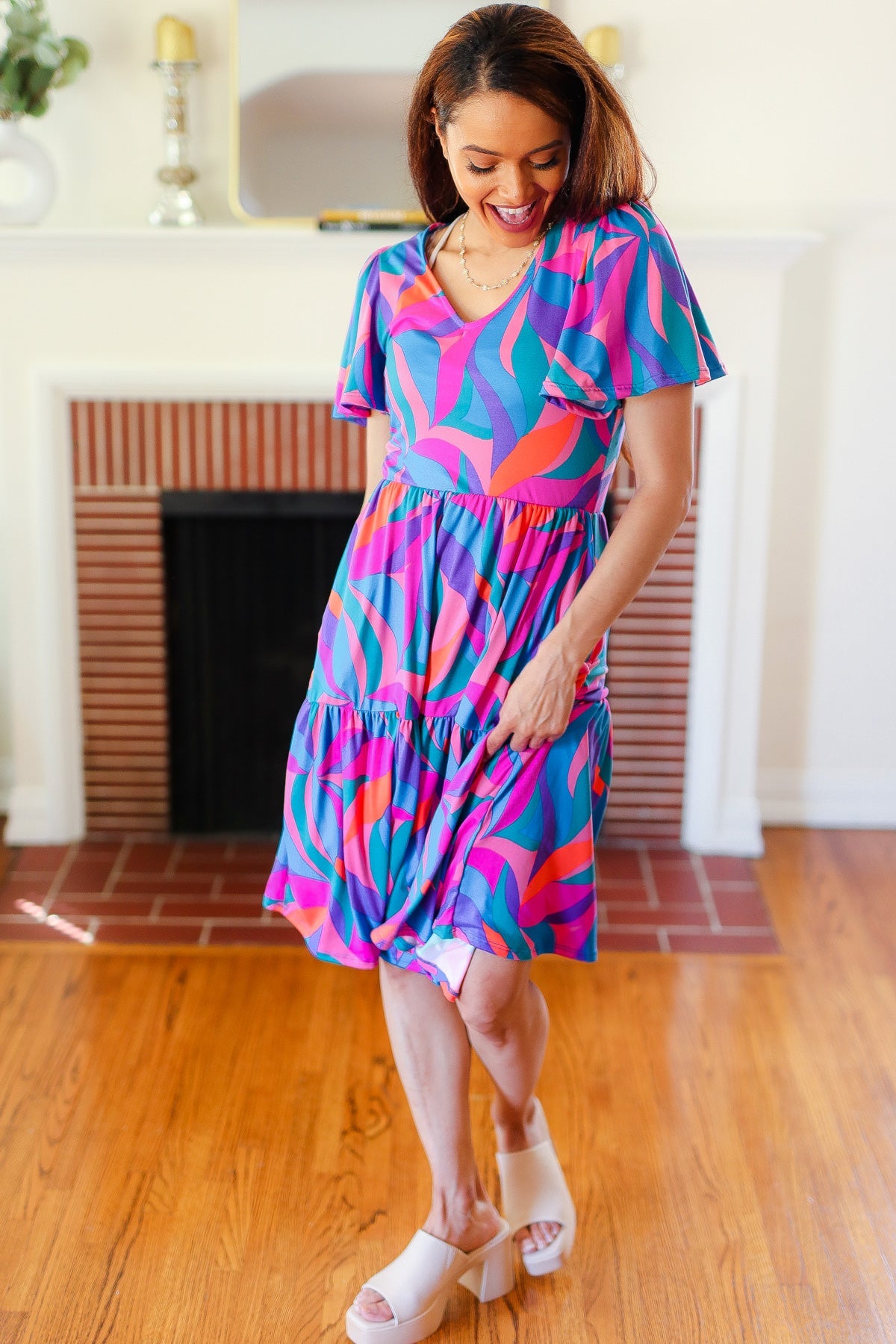 Remember Me Blue & Fuchsia Geo Print V Neck Dress