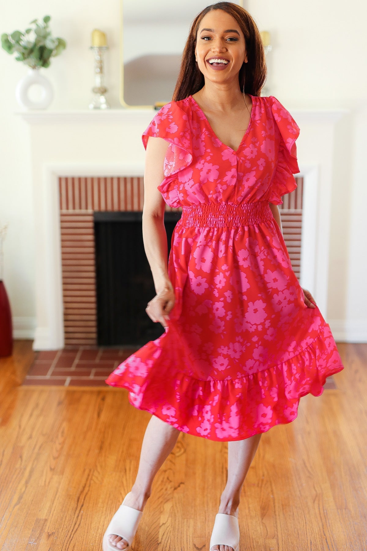 Remember Me Red & Pink Floral Print Smocked Waist Midi Dress