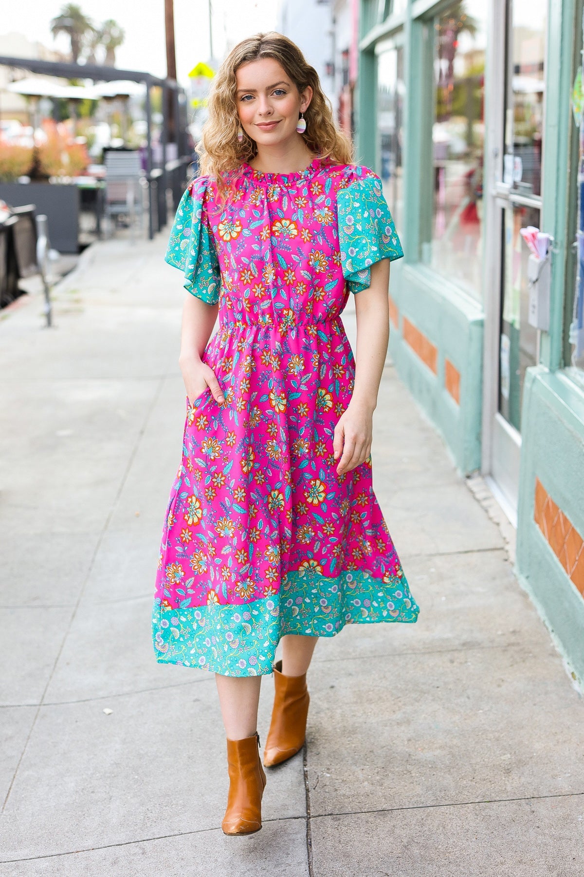 Charming Fuchsia & Mint Floral Frill Mock Neck Flutter Sleeve Midi Dress