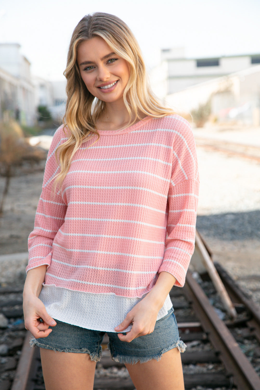 Blush Stripe Waffle Textured Back Keyhole Top