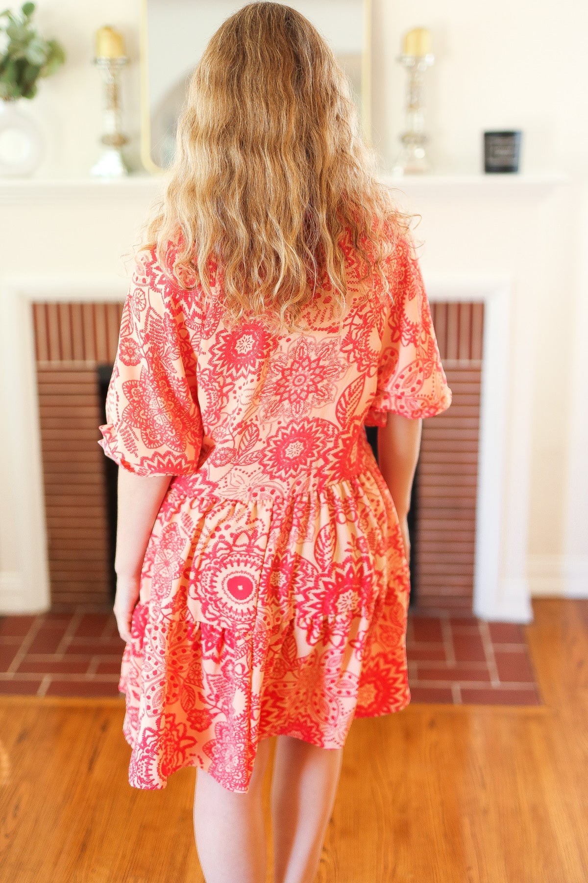 All You Need Peach & Coral Boho Floral V Neck Dress