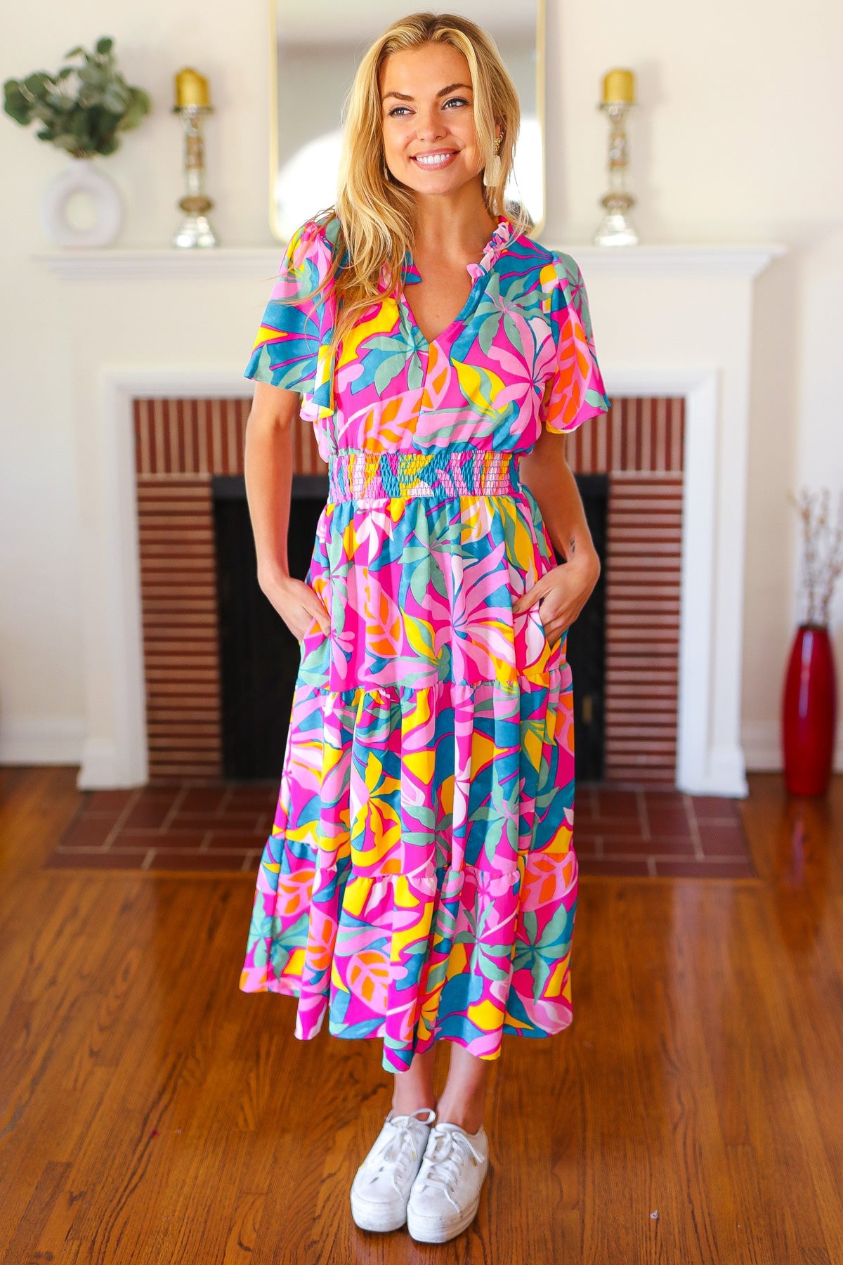 Tropical Trance Fuchsia Floral Smocked Waist Maxi Dress