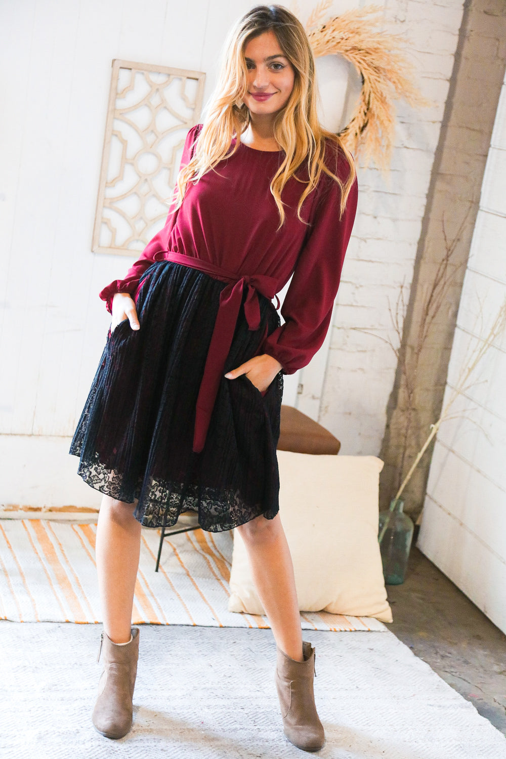 Maroon & Black Lace Overlay Sash Tie Dress