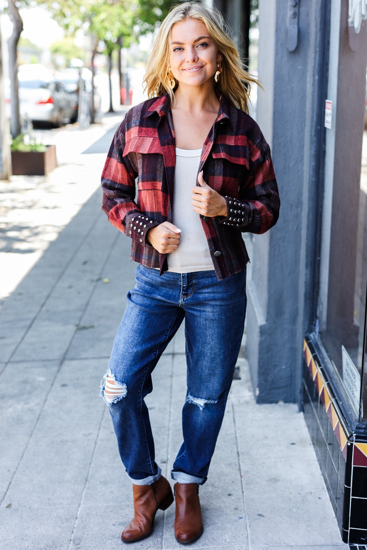 City Streets Burgundy & Rust Plaid Studded Cropped Jacket