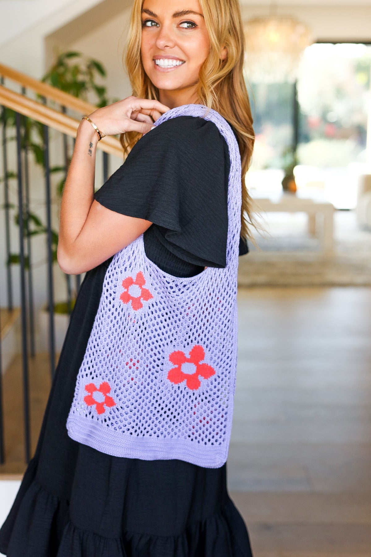 Lavender & Orange Floral Crochet Tote Bag