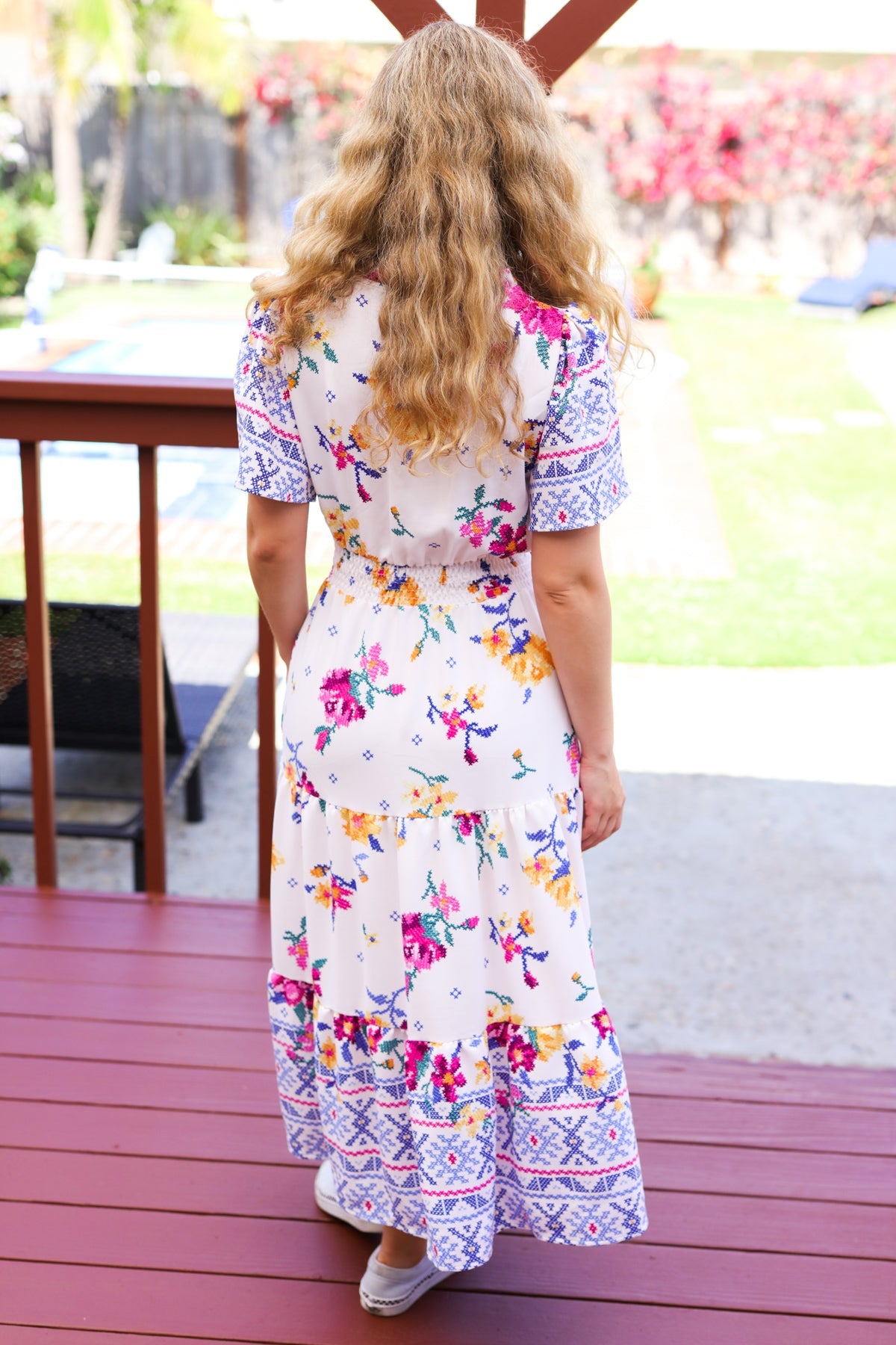 Beautiful You Ivory & Blue Floral Border Print Smocked Waist Dress