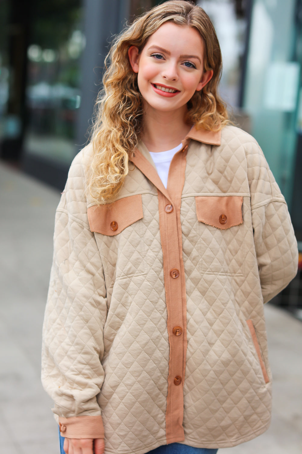 Eyes On You Taupe Quilted Knit Button Down Shacket