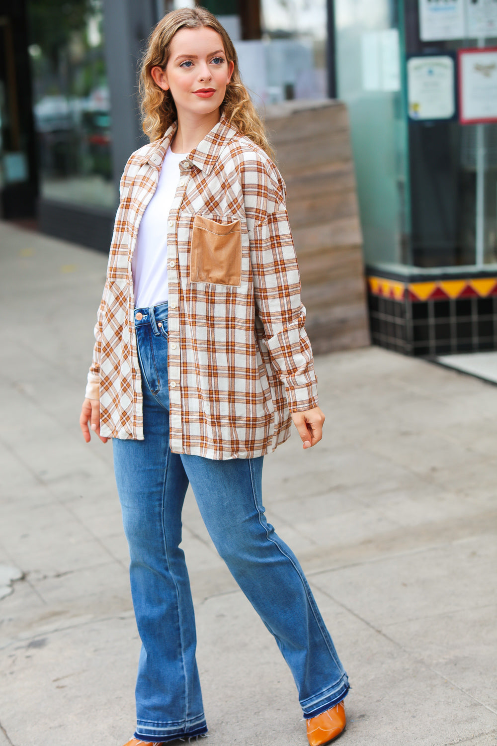 Taupe Plaid Velvet Pocket Button Down Top