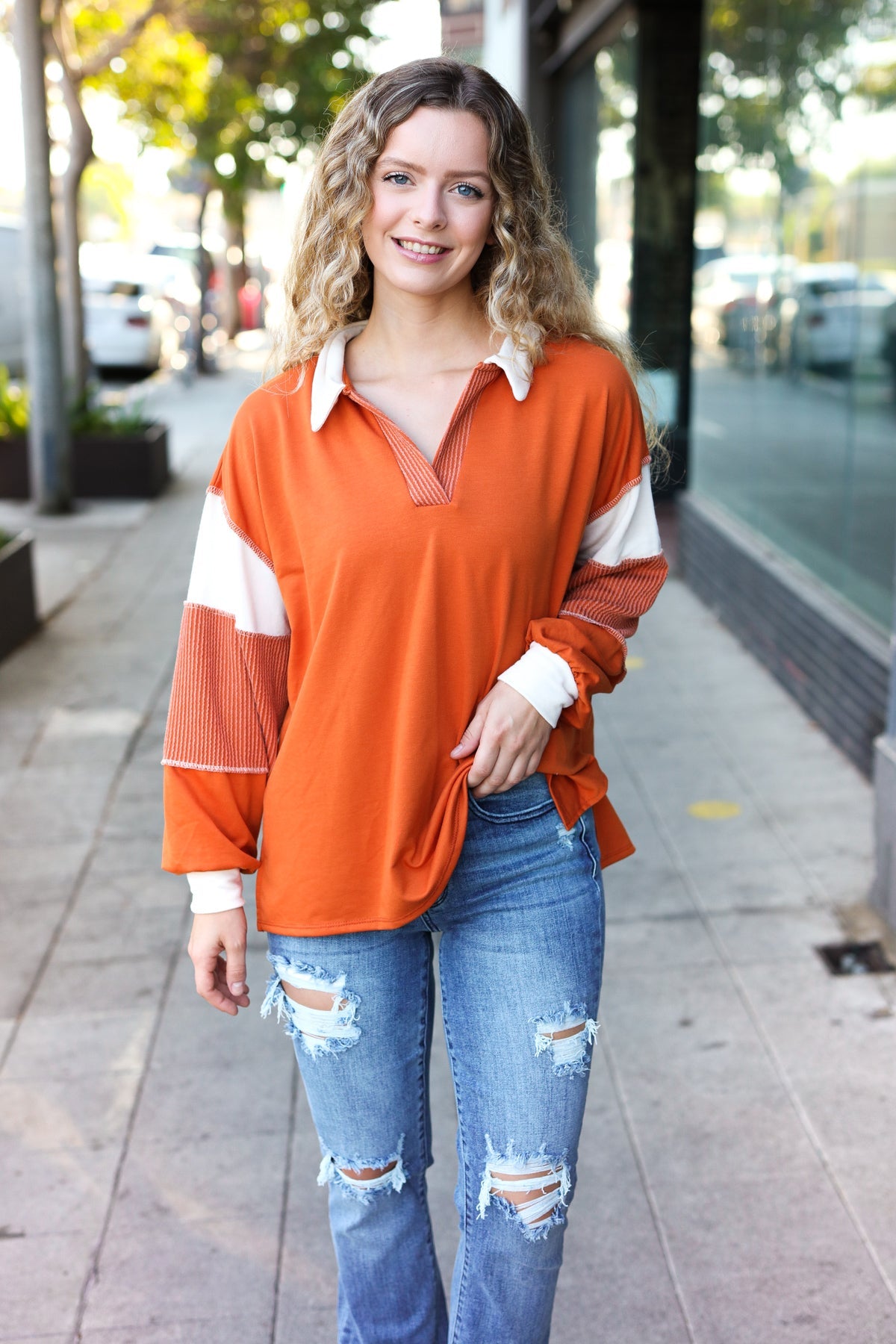 Falling For You Rust Color Block Collared French Terry Top