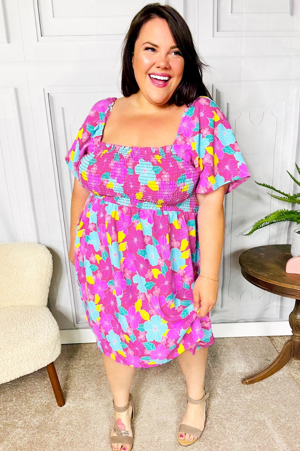 Vacay Vibes Fuchsia Floral Print Fit & Flare Smocked Dress