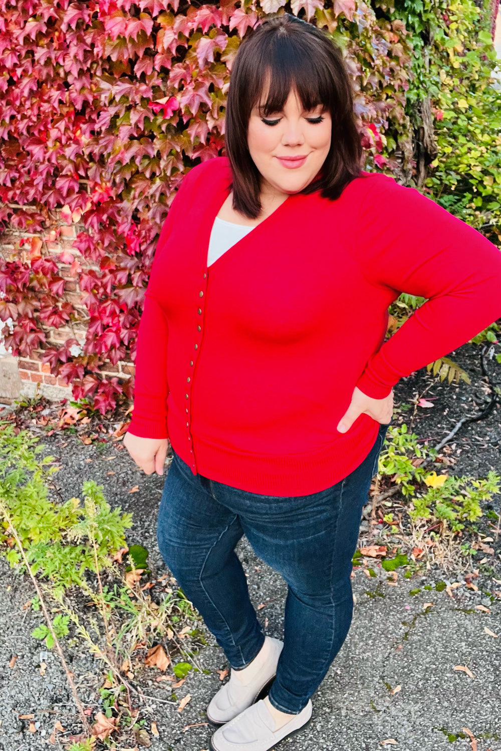 Day On The Town Red Snap Button Rib Cardigan