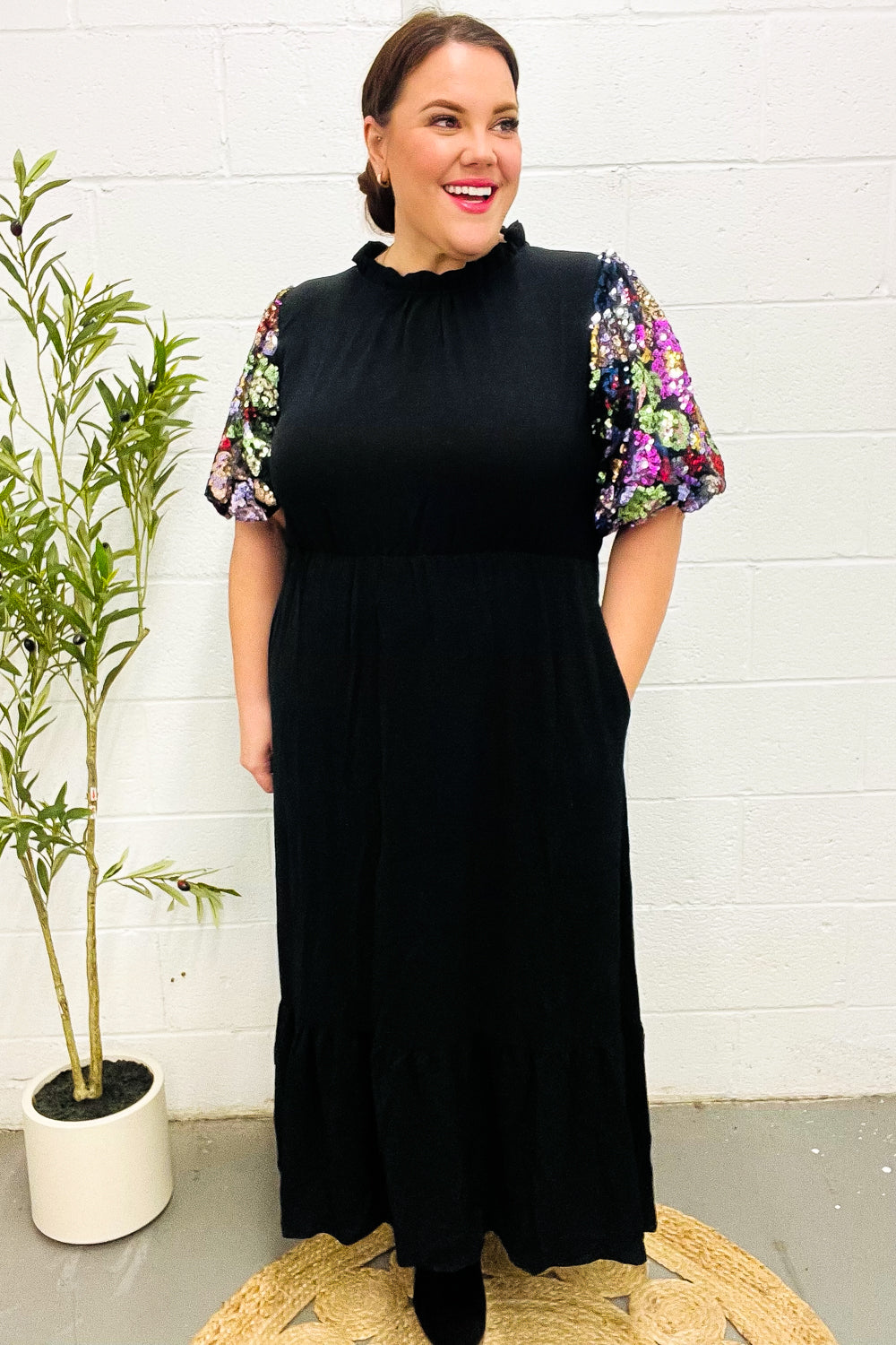 Black Floral Sequin Puff Sleeve Mock Neck Tiered Maxi Dress