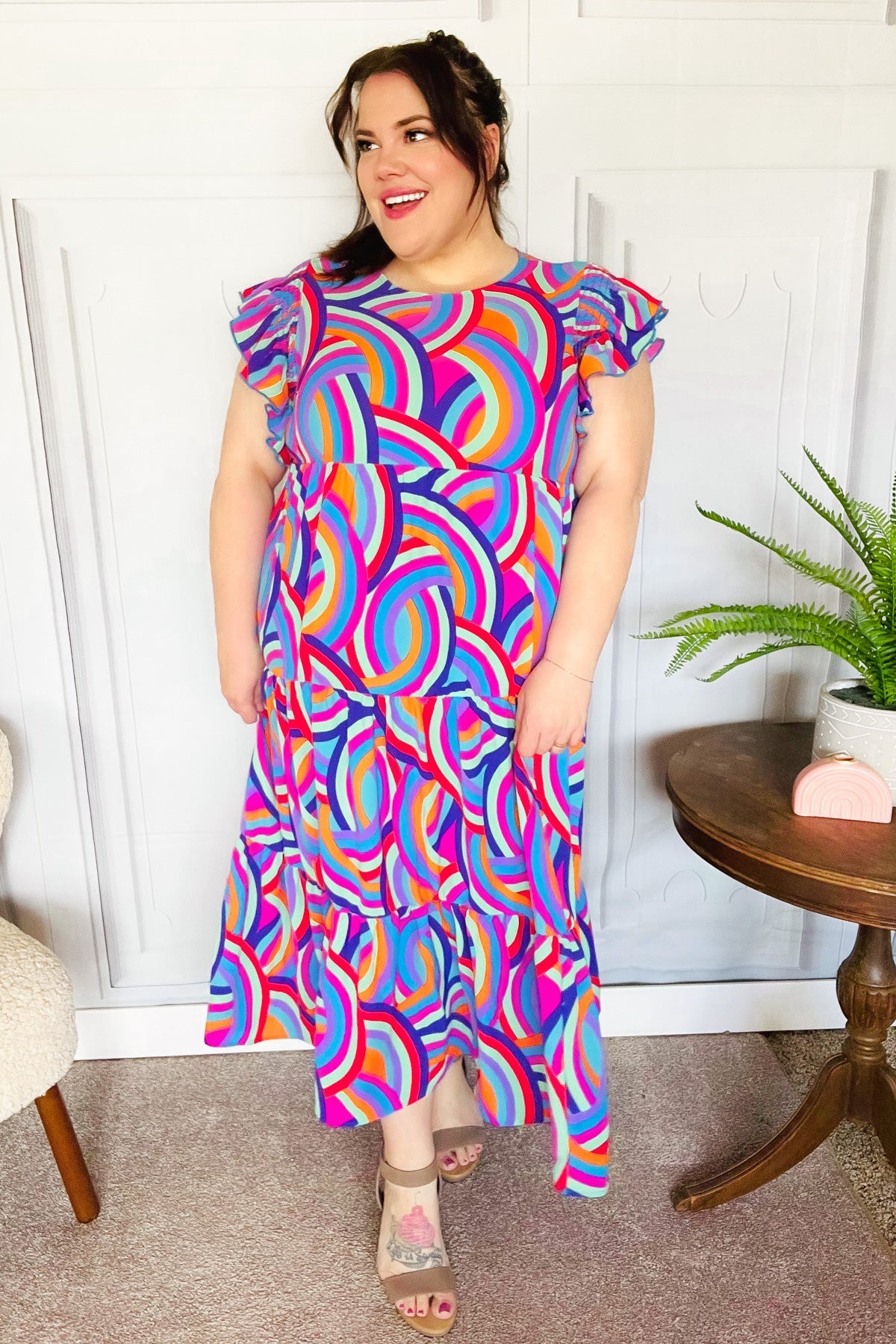 Feel Your Best Purple Abstract Print Smocked Ruffle Sleeve Maxi Dress