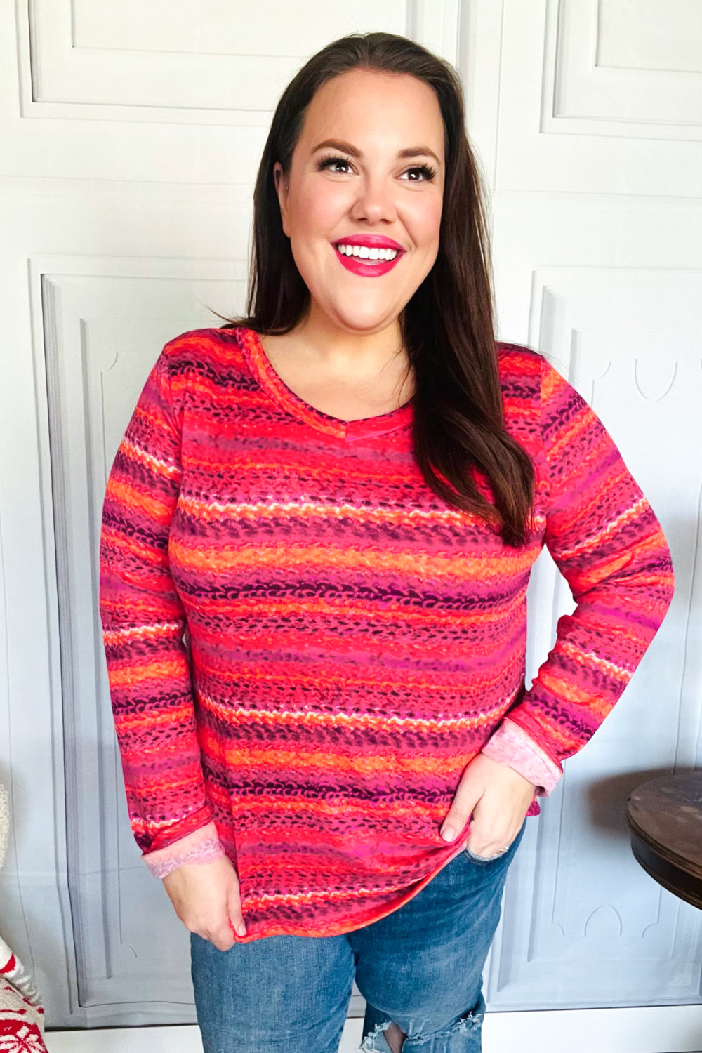 Be Bold Flame & Magenta Striped Cable Knit Print Hacci Top